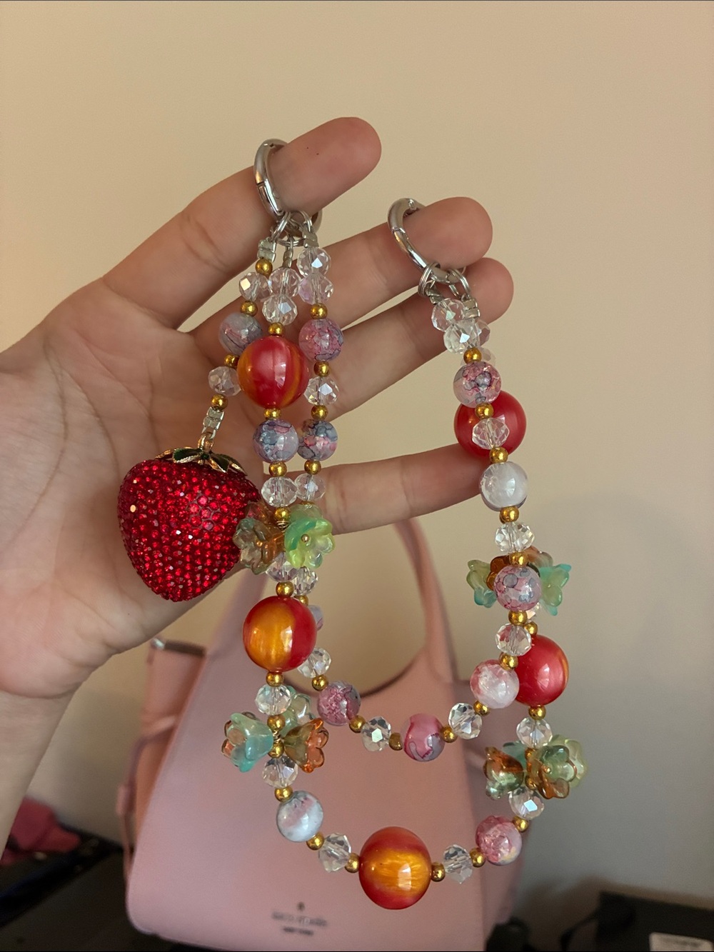 Red Crystal Strawberry Charm Beaded Bag Chain - Picture 2 of 3